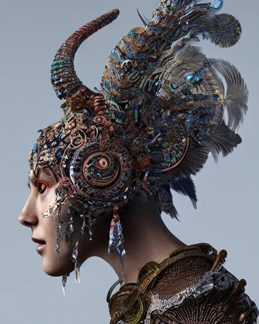 Image similar to 3 d warrior goddess close - up profile portrait. beautiful intricate highly detailed chuu! magpie helm and richly embroidered blouse, quetzalcoatl, stingray, bioluminescent, plasma, lava, ice, feather, wind, stormy, artwork by tooth wu and wlop and annie leibovitz, octane 3 d render