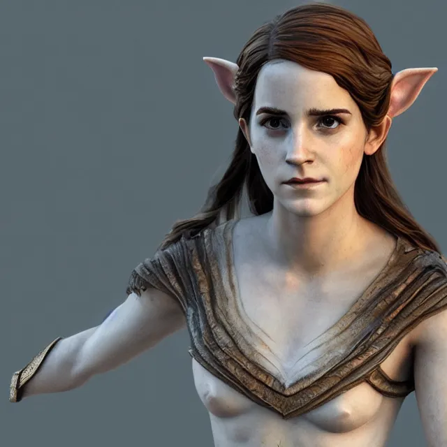 Image similar to marble sculpture of emma watson as an elf warrior, realistic, unreal engine render, octane render, hyper realistic, photo, 8 k, cinematic lighting