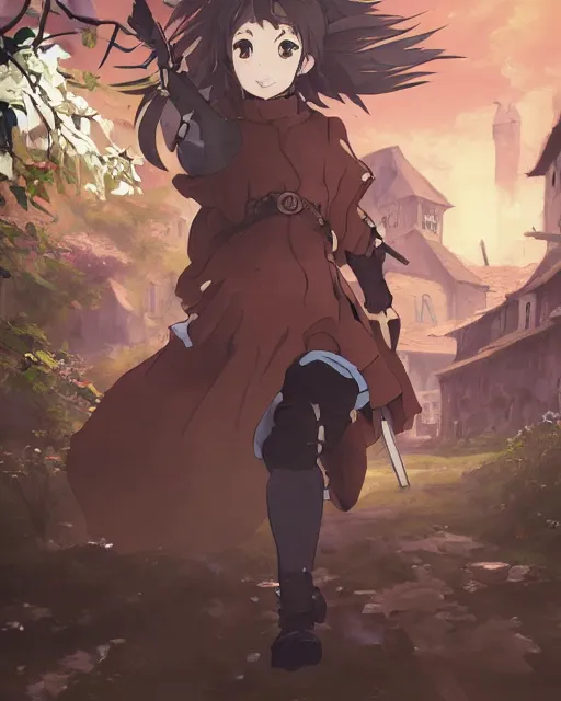 Prompt: key anime visual portrait of a young female walking through a medieval village, dynamic pose, dynamic perspective, cinematic, detailed silhouette, film grain, tending on artstation, face by yoh yoshinari, detailed, intricate