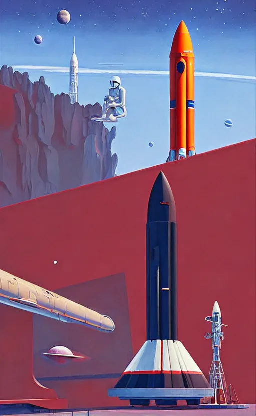 Image similar to Space rocket lunching station ,very coherent, painted by Edward Hopper, Wayne Barlowe, painted by James Gilleard, airbrush, art by JamesJean