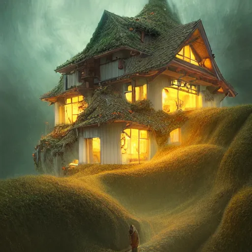 Image similar to small hillside house made of honey and milk, modern lighting, hyper - detailed, 8 k, octane rendered, art nouveau, organic, flowing, impossible torsion, writhing, dusk, lush, dynamic, in the style of ross tran and jean baptiste monge