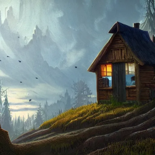 Prompt: the mystery shack from gravity falls, matte painting by kaspar david friedrich,