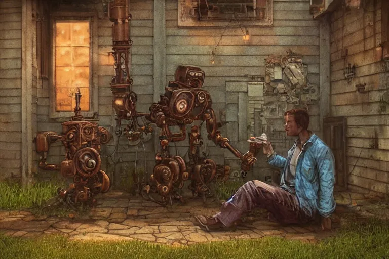 Image similar to close up of a big old rusty robot and a boy sitting and talking to each other on the porch of an old house, steampunk, neo goth, by artgerm, by greg rutkowski, by brian froud!!!, by beksinski, octane render, hd, evening mood, dynamic lighting