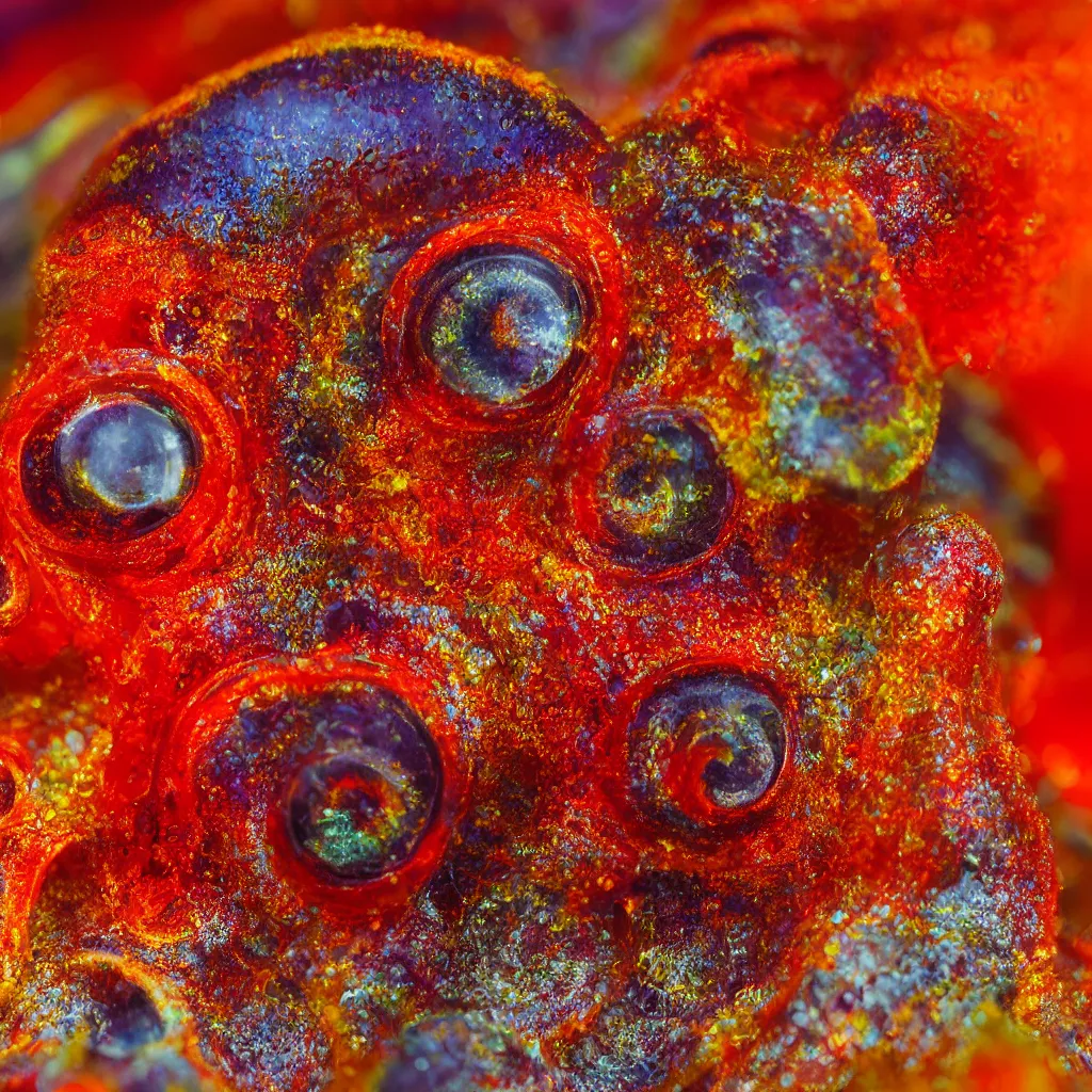 Image similar to fiery whimsical emotional eyes cephalopod, in a photorealistic macro photograph with shallow dof