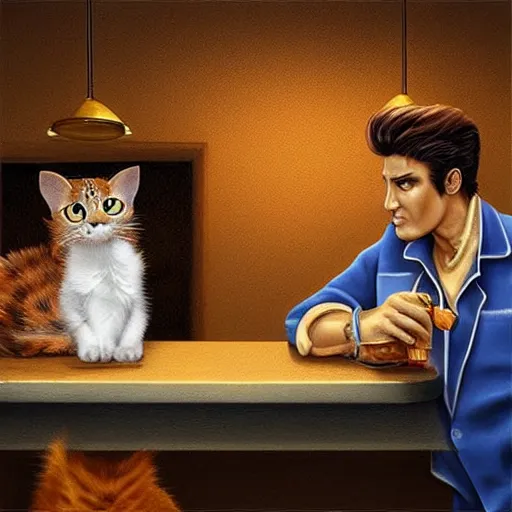 Image similar to “Garfield the cat and Elvis Presley sitting at the bar, realistic, hiperrealist, photorealist, intricate, sharp focus, cinematic lights, Artstation HQ, Deviantart trending, 4K UHD, masterpiece”