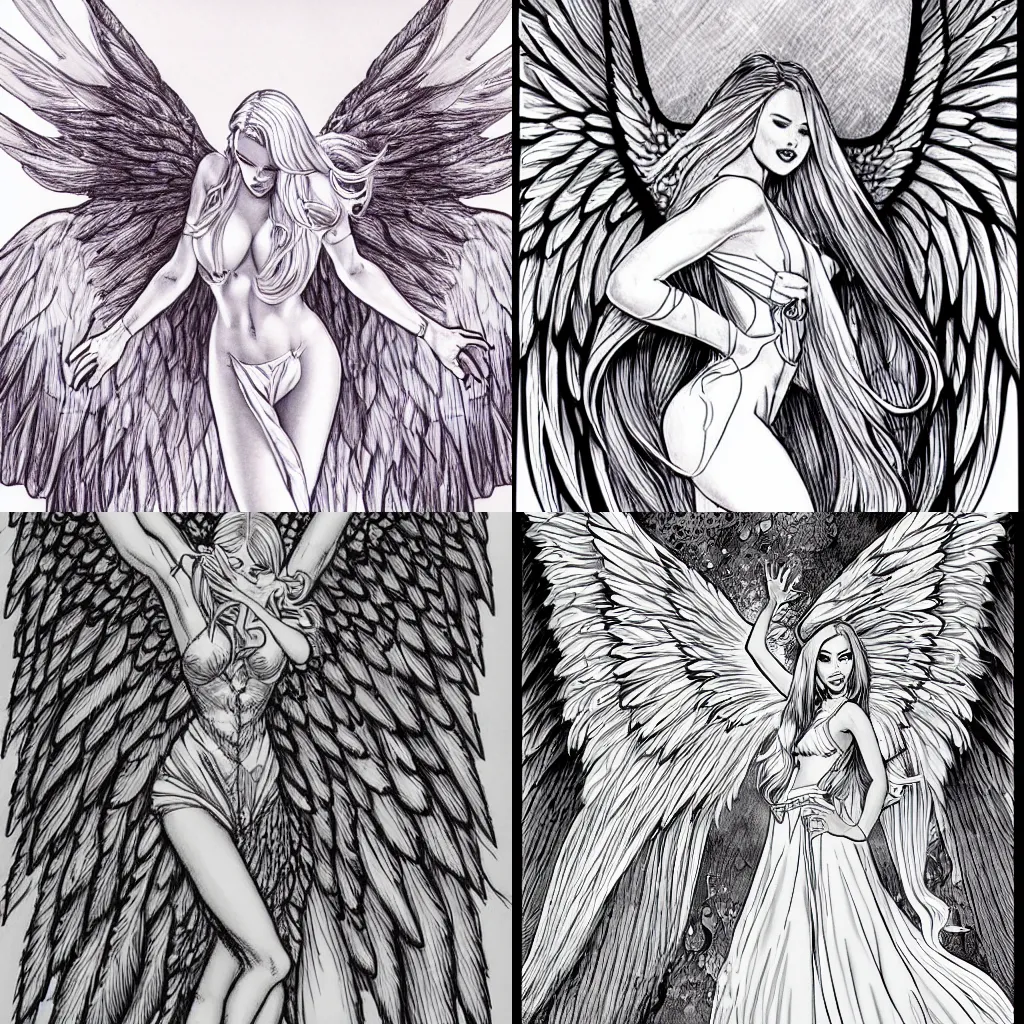 Prompt: an angel with long blond hair and giant wings, delicate ink drawing, illustration, j scott campbell