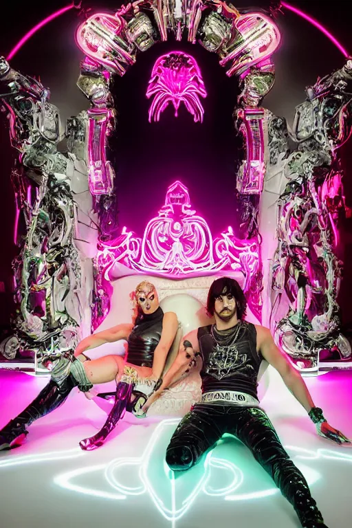 Image similar to full-body rococo and cyberpunk style neon statue of a muscular attractive Joe Jonas macho dotado e rico android sim roupa reclining con las piernas abertas e la piroca dura, glowing white laser eyes, prince crown of pink gears, diamonds, swirling silver-colored silk fabric. futuristic elements. full-length view. space robots. human skulls. intricate artwork by caravaggio. Trending on artstation, octane render, cinematic lighting from the right, hyper realism, octane render, 8k, depth of field, 3D