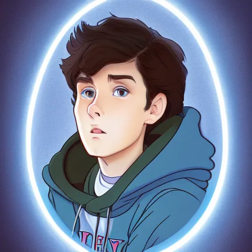 Image similar to teen boy with brown hair and big blue eyes, wearing a hoodie, fluffy white persian cat, natural lighting, path traced, highly detailed, high quality, cartoon, digital painting, by don bluth and ross tran and studio ghibli and alphonse mucha