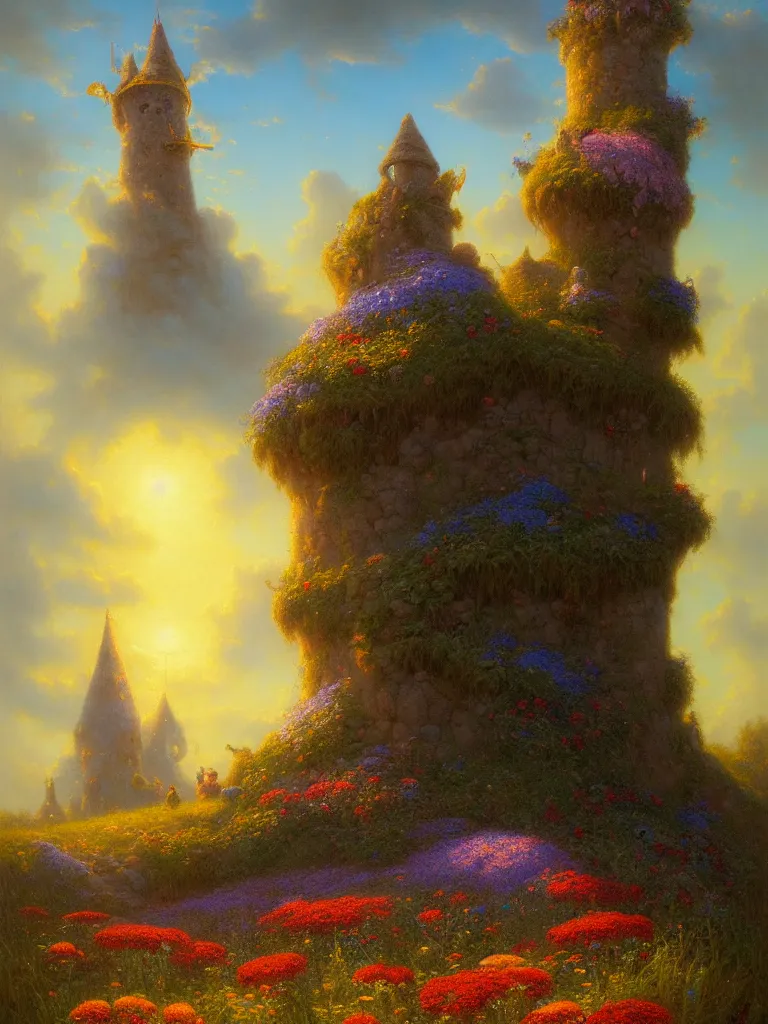 Image similar to a wizard tower in a field of flowers by Justin Gerard, morning light