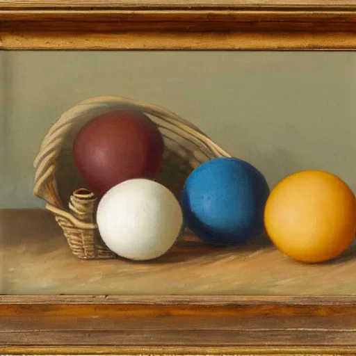 Prompt: a basket of orbs of various sizes, dutch still life painting