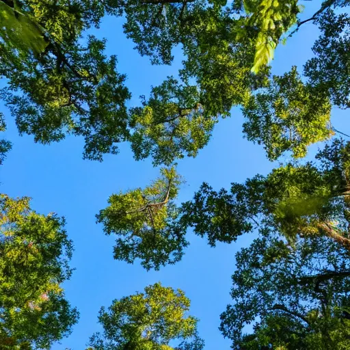 Prompt: looking up into the tree canopy seeing a circular area of the blue sky