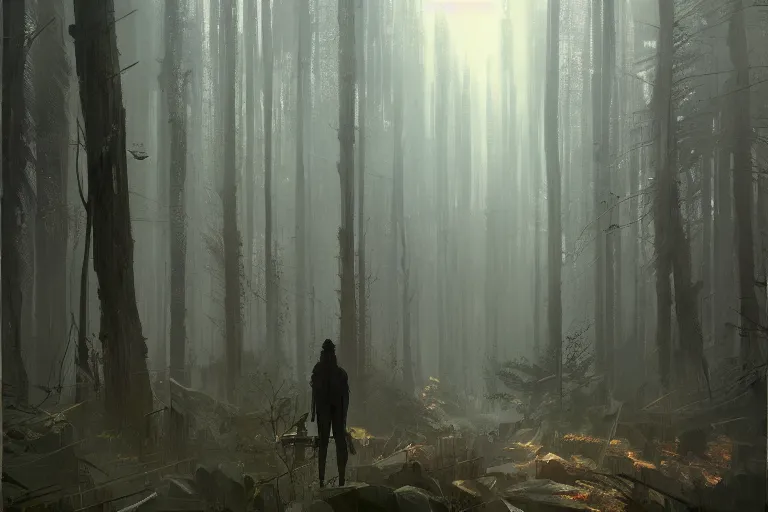 Image similar to forest, cyberpunk, illustrated by Greg Rutkowski and Caspar David Friedrich, Trending on artstation, artstationHD, artstationHQ