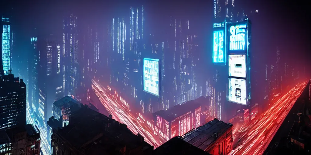 Image similar to giant illuminated advert screens, megacity streets seen from above, eerie fog, neon signs, blade runner, ex machina