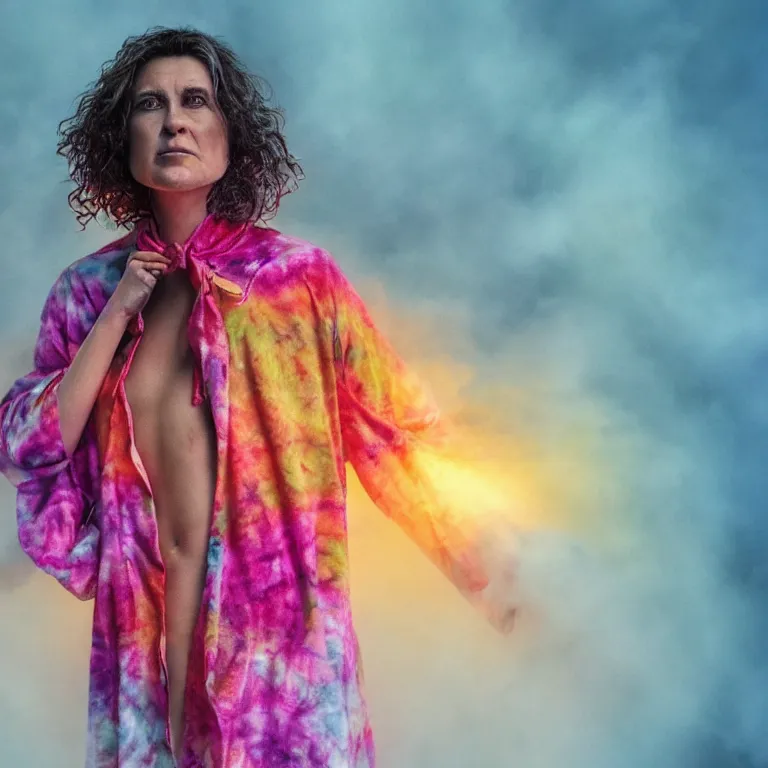 Prompt: octane render portrait by wayne barlow and carlo crivelli and glenn fabry, a woman wearing a skintight bright colorful tie - dye bedsheet costume, backlit, dramatic lighting, fog and mist, cinema 4 d, ray traced lighting, very short depth of field, bokeh