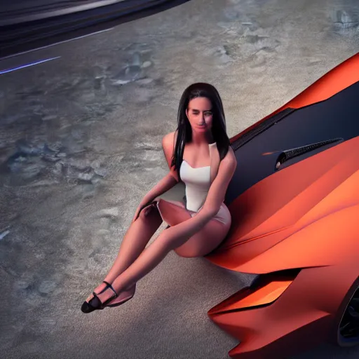 Image similar to ultra detailed woman sitting on a futuristic sport car, highly detailed, sharp focus, octane render, global illumination