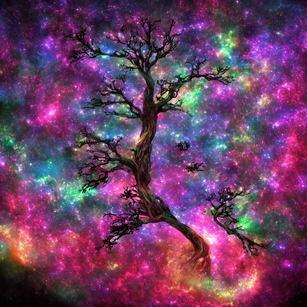 Image similar to Cosmic tree of life, trees, Tree in a galaxy made of stars, space, nebulas stars Dmt Psychedelic cosmos, cosmic, Hallucination, night sky; 8k, artstation, unreal engine, octane render, hdr, surrealistic, hyperrealism, glow, photorealistic, volumetric lighting, Dreamy, dynamic, mystical