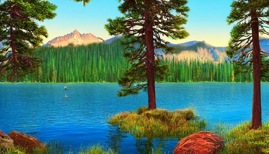 Prompt: a lake surrounded by pine trees with mountains in the background, digital art, highly detailed, realistic, bright colors, 8 k