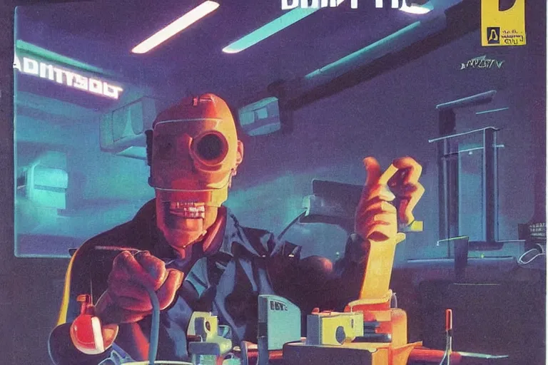 Image similar to 1979 OMNI Magazine Cover of a dentist. in cyberpunk style by Vincent Di Fate