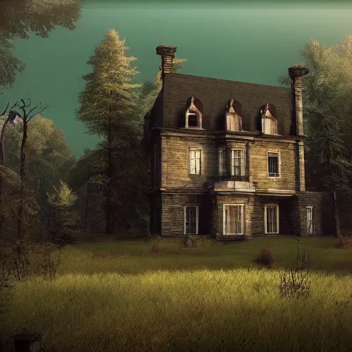 Prompt: old mansion in the woods beside a lake, artstation