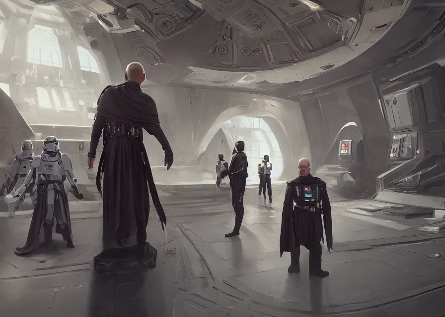 Image similar to painting of Emmanuel Macron dressed as Arcann in Star Wars inside the galactic senate, sharp focus, waist up, trending on ArtStation, masterpiece, by Greg Rutkowski, by Ross Tran, by Fenghua Zhong, octane, clear eyes, soft render, clear facial features, oil on canvas, moody lighting, cinematic, professional environment concept art