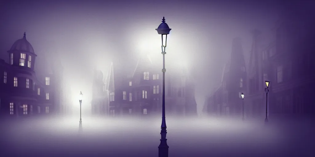 Image similar to curved perspective epic illustration of night city with victorian street lamp in a foggy field from nightmare before christmas