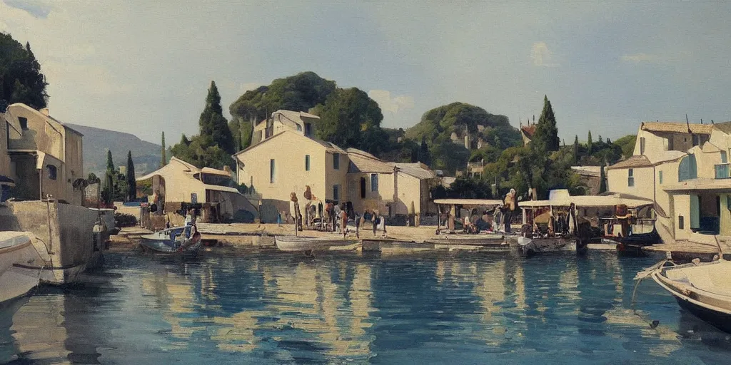 Prompt: a beautiful extremely complex painting of a mediterranean fishing village in summer by peter ilsted, whitewashed housed, tall cypress trees, blue shutters on windows, people walking down a street, trending and featured on artstation and behance