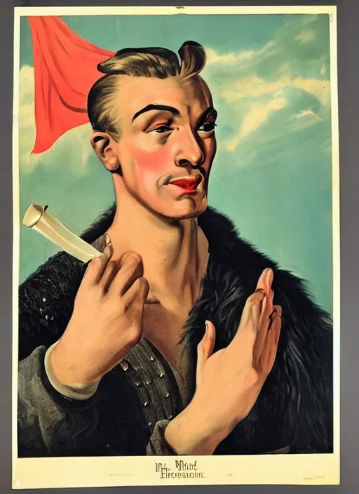 Image similar to portrait of glamorous medieval man with annoyed gesture, 1940s propaganda poster, full hd,highly detailed