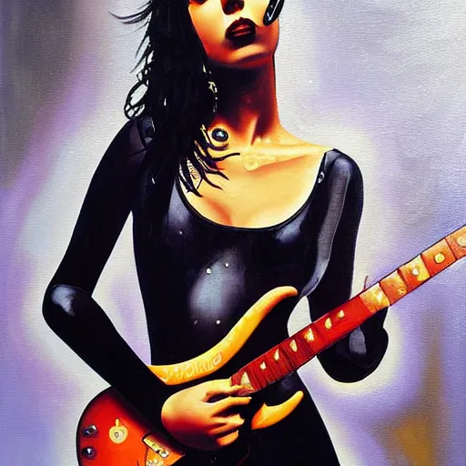 Prompt: Goth girl playing electric guitar by Mario Testino, oil painting by Guillermo Lorca