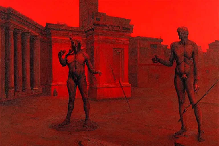 Image similar to only with red, caesar after war, a red tiger, in hoc signo vinces, rome in background, an ancient path, in the style of beksinski, part by hopper, part by rodcenko, part by hofbauer, intricate composition, red by caravaggio, insanely quality, highly detailed, masterpiece, red light, artstation