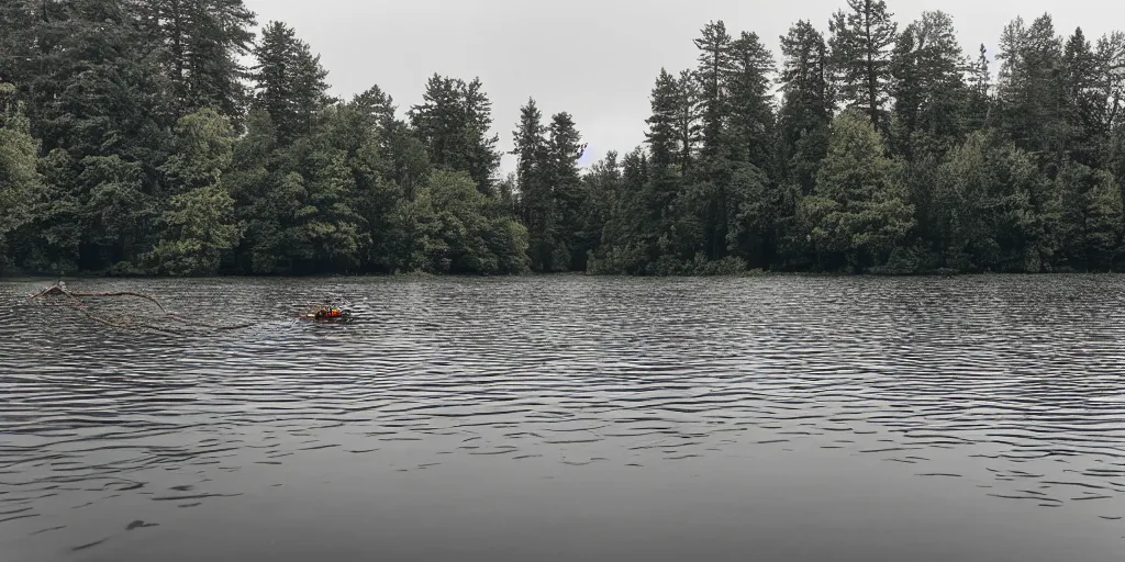 Image similar to centered photograph of a infinitely long rope zig zagging snaking across the surface of the water into the distance, floating submerged rope stretching out towards the center of the lake, a dark lake on a cloudy day, color film, trees in the background, hyper - detailed photo, anamorphic lens