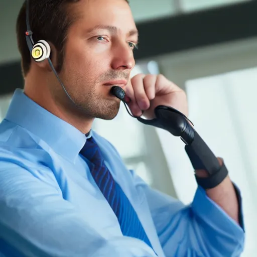 Prompt: stock photo of businessman talking on a headset made out of a blue playdoh