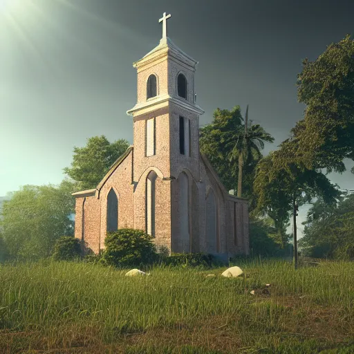 Image similar to church covered with vegetation volumetric lighting unreal engine vray tilt shift sun rays matte painting hyperrealism deviantart 8 k 3 d