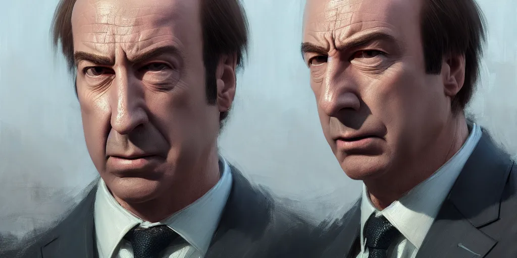 Image similar to ultra detailed facial close up of saul goodman in a lawyer suit, extremely detailed digital painting, in the style of fenghua zhong and ruan jia and jeremy lipking and peter mohrbacher, mystical colors, rim light, beautiful lighting, 8 k, stunning scene, raytracing, octane, trending on artstation