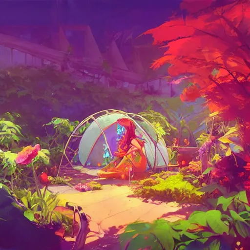 Image similar to hippie bohemian encampment with tie - dye tents and a garden. cyberpunk art by jesper ejsing, by rhads and makoto shinkai and lois van baarle and ilya kuvshinov and rossdraws, cgsociety, panfuturism, nature utopia, bold colors, expressive brushstrokes. anime aesthetic