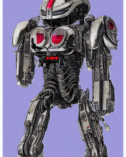 Prompt: beautiful schematic of an alien combat robot made of nuclear engine parts by mamoru oshii, mix of styles, schematic, solarpunk, illustration, intricate, highly detailed, sharp lines, sharp focus, studio ghibli color scheme