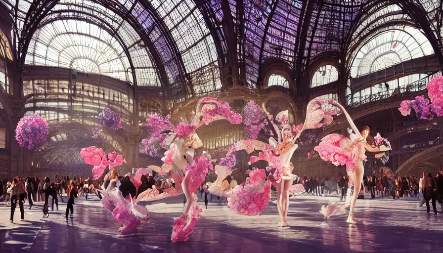 Prompt: victoria secret parade in the galeries nationales du grand palais in paris, light, shadows, reflections, flowers, epic composition, intricate, elegant, volumetric lighting, 4 k resolution, octane render, unreal engine, ultradetailed, photorealistic, ultrarealism, trending on artstationconcept art, ruan jia & steve mccurry & peter mohrbacher