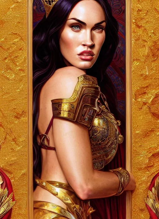 Image similar to portrait of megan fox as a queen, throne, jewelry, greek, ruby, intricate, headshot, highly detailed, digital painting, artstation, concept art, sharp focus, cinematic lighting, illustration, art by artgerm and greg rutkowski, alphonse mucha, cgsociety