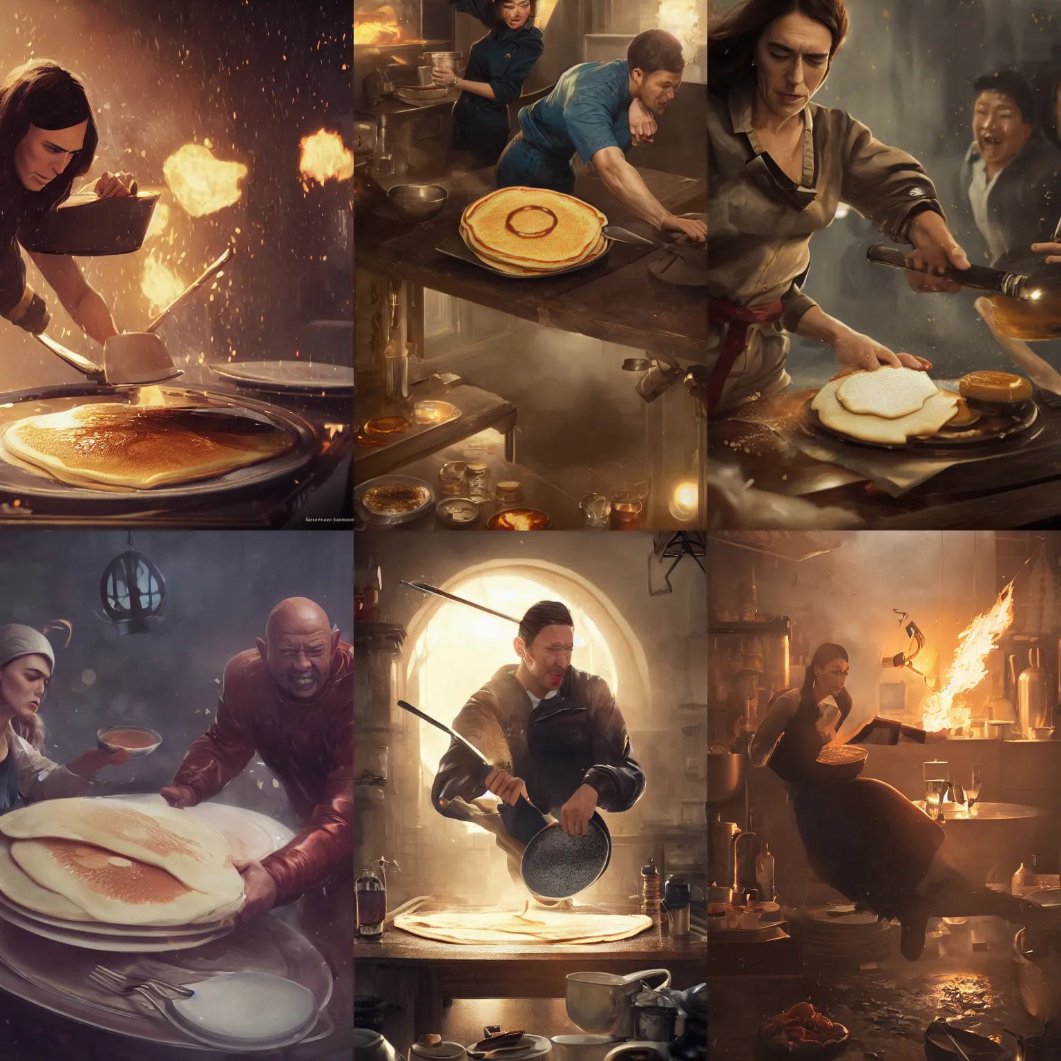 Prompt: jacinder ardern flipping pancakes, strong imagery, highly detailed, by Greg Rutkowski, Sung Choi, Johnson Ting, Maxim Verehin, Peter Konig, Marco lense, photorealistic 8k, cinematic lighting, HD, high detail, atmospheric, trending on artstation