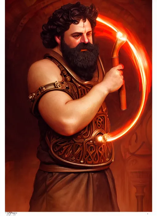 Image similar to the greek god hephaestus, brown hair, holding hammer, steampunk, beautiful glowing eyes, volumetric lights, red and orange theme, art nouveau botanicals, intricate, highly detailed, digital painting, artstation, concept art, smooth, sharp focus, cinematic, illustration, beautiful face, art by artgerm and greg rutkowski and alphonse mucha