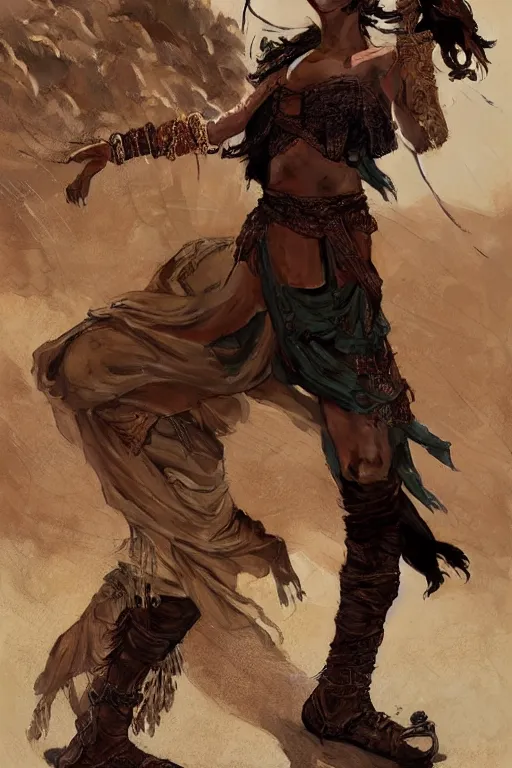 Image similar to a full body portrait of a beautiful post apocalyptic offworld desert bedouin thief savage rogue in beggars clothes in ballet pose by the emerald oasis pools, intricate, elegant, highly detailed, digital painting, artstation, concept art, smooth, sharp focus, illustration, art by krenz cushart and artem demura and alphonse mucha