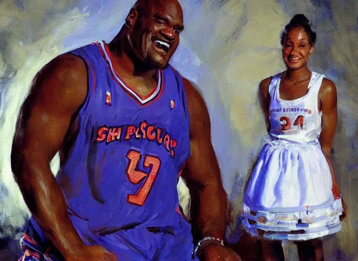 Image similar to a highly detailed beautiful portrait of shaq wearing a maid costume, by gregory manchess, james gurney, james jean