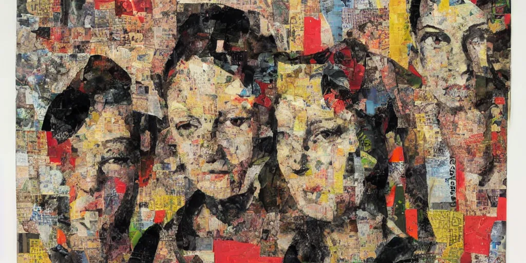 Prompt: portrait of three women, paper collage, mimmo rotella.