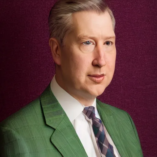 Image similar to augustus aloysius corporate portrait, senior sales marketing acquisitions ceo executive vp, purple green color scheme, professional studio lighting, hyperreal detailed lifelike facial features, corporate portraiture photographed by david lynch