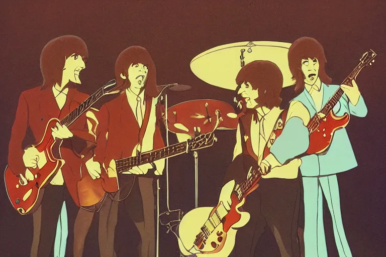 Image similar to mice playing in a rock band dressed as the beatles, beautiful, dreamlike, wholesome, ghibli and disney animation, sharp, intricated, art by ken anderson and mel shaw, 7 0 s, dramatic lighting, brown palette,