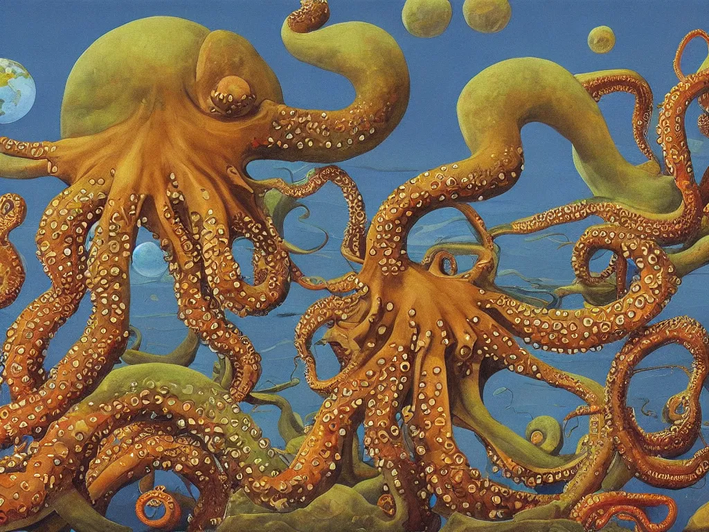 Image similar to The world as seen by an octopus. Painting by Roger Dean, Bosch.