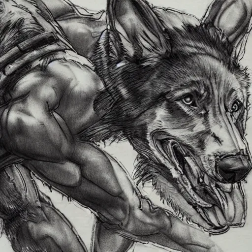 Image similar to a humanoid german shepherd beast - man wrestling with another german shepherd in the middle of an arena, pencil art, added detail, high definiton, colored, aerial viewyoji shinkawa