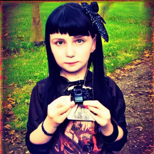 Image similar to goth girl, 7 years old, nature photography