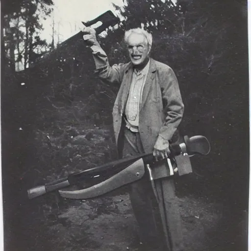 Prompt: old polaroid photo of an old man holding a rifle and standing proudly next to a dinosaur corpse