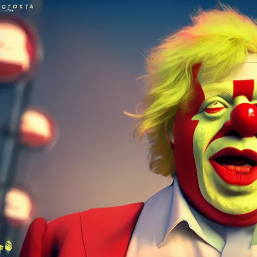 Image similar to Boris Johnson with Ronald McDonald body, realistic artstyle, wide shot, dramatic lighting, octane render, hyperrealistic, high quality, highly detailed, HD, beautiful, cinematic, 8k, unreal engine, facial accuracy, symmetrical