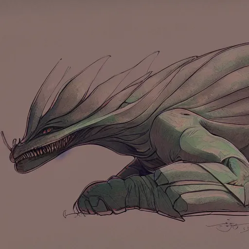 Image similar to concept art painting of an alien animal creature, detailed, cel shaded, in the style of makoto shinkai and moebius and james gurney